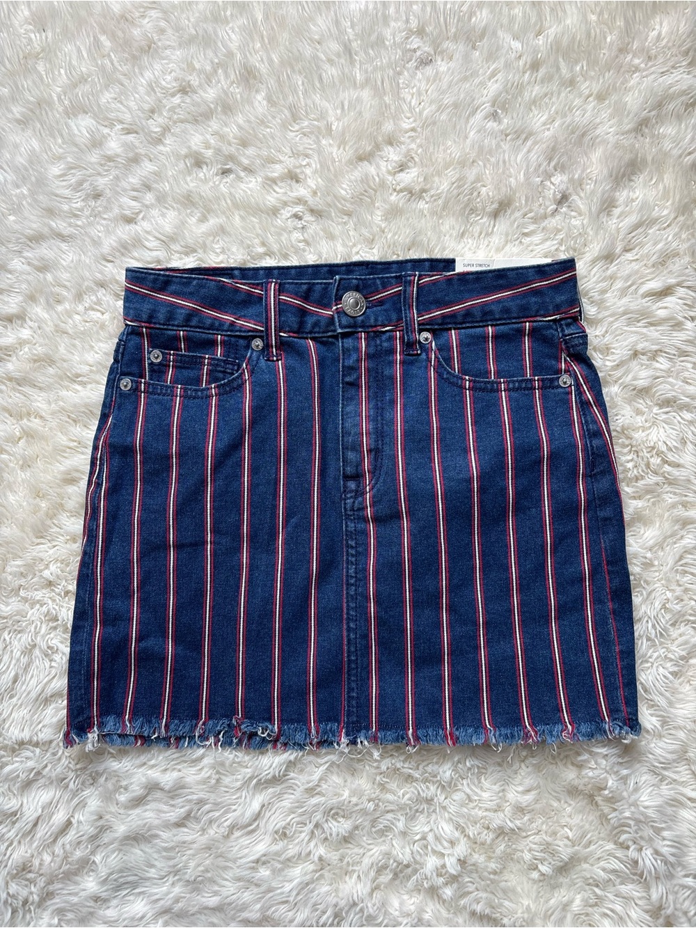 American Eagle Striped Denim Mini Skirt in Navy with Red and White Accents